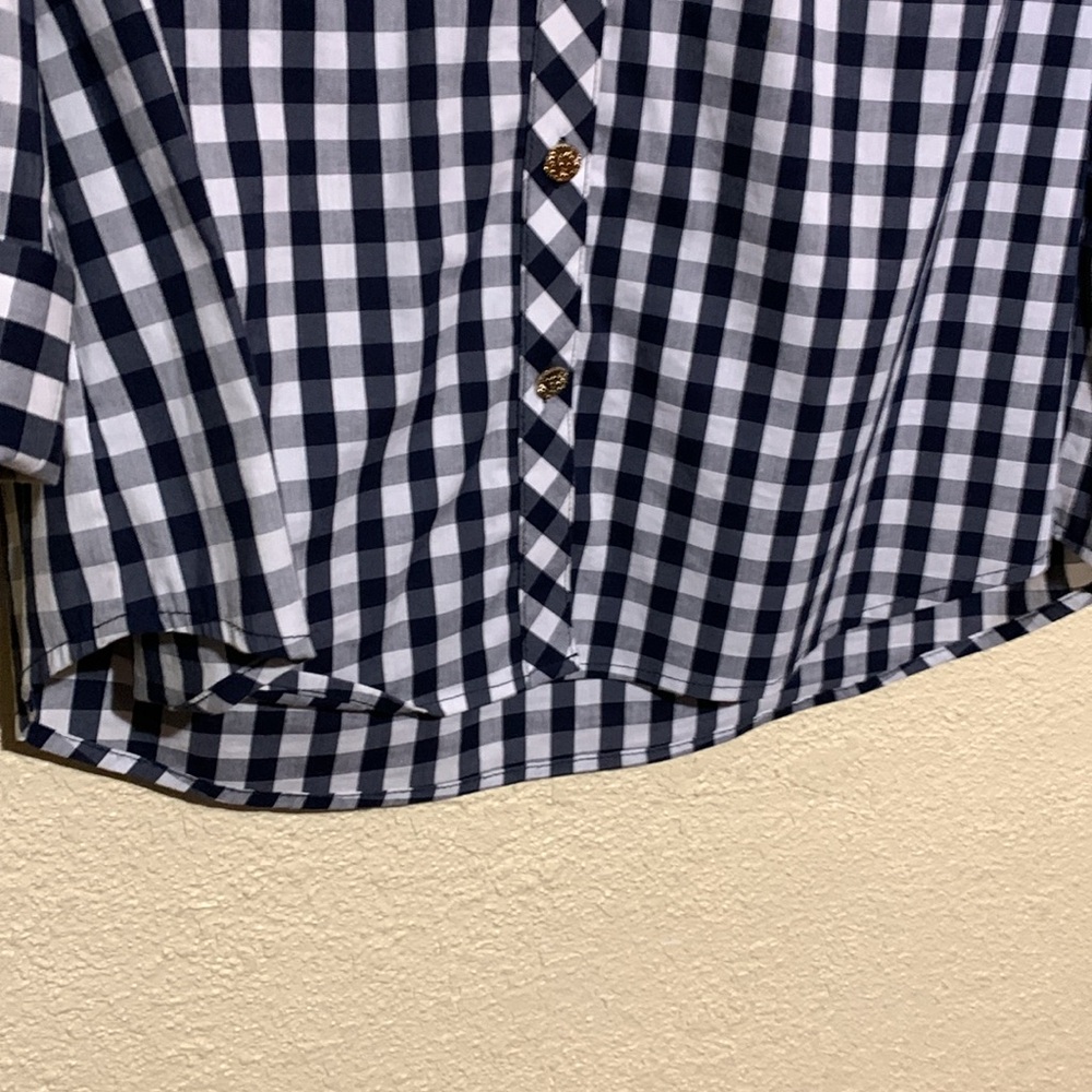 Anne Klein Navy and White Top Gingham Plaid Front Buttons 3/4 Sleeve Cotton - Picture 6 of 16